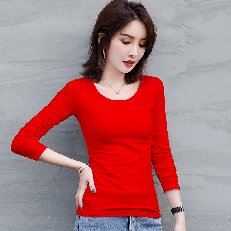 Round Neck Solid Color Long-Sleeved T-Shirt Women's Elastic Large Size New Women's Clothing Slim-Fit All-Match Top Thin Base-Layer Shirt for Women