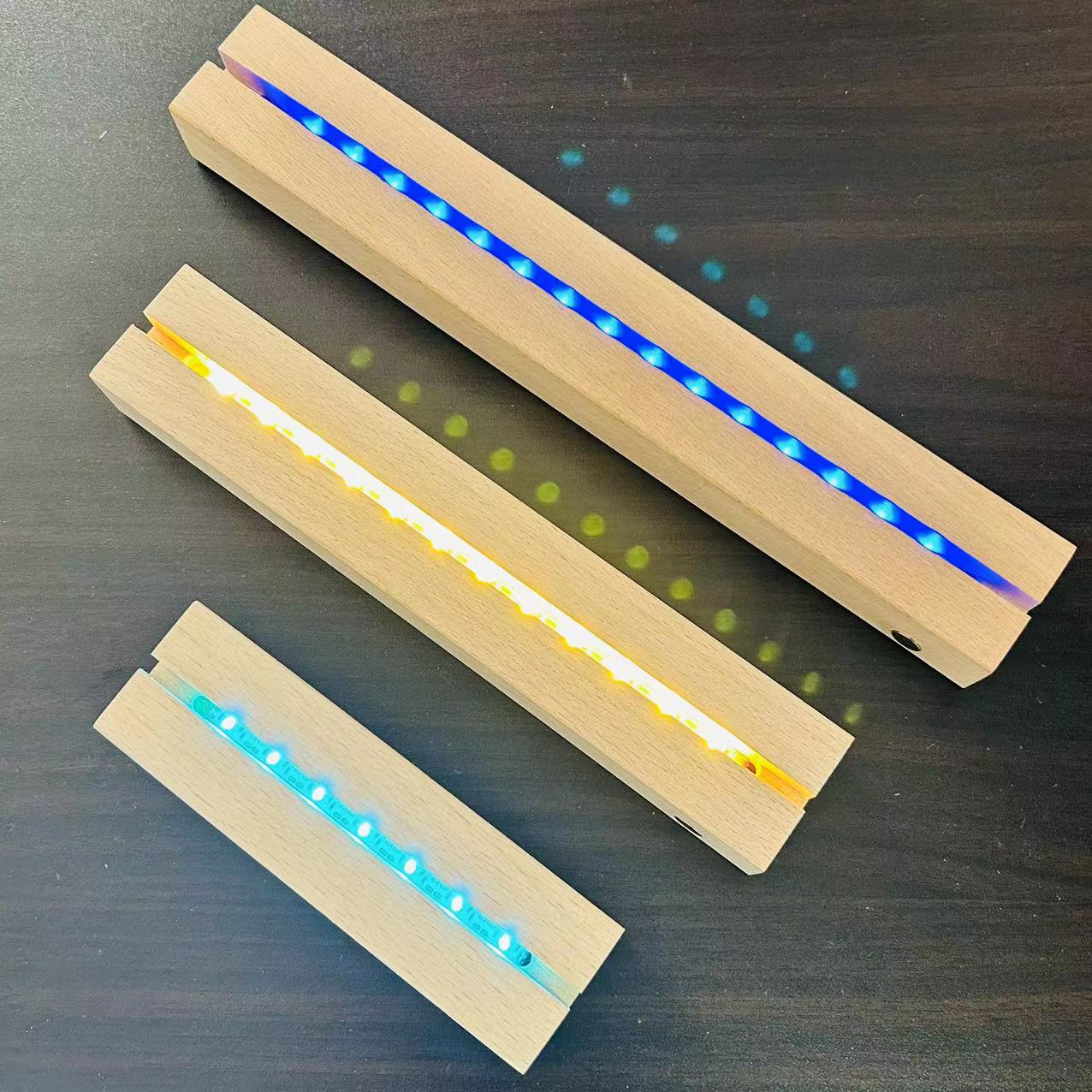 Factory wholesale solid wood luminous base 3d long strip night light base acrylic led lamp holder usb plug-in lamp holder