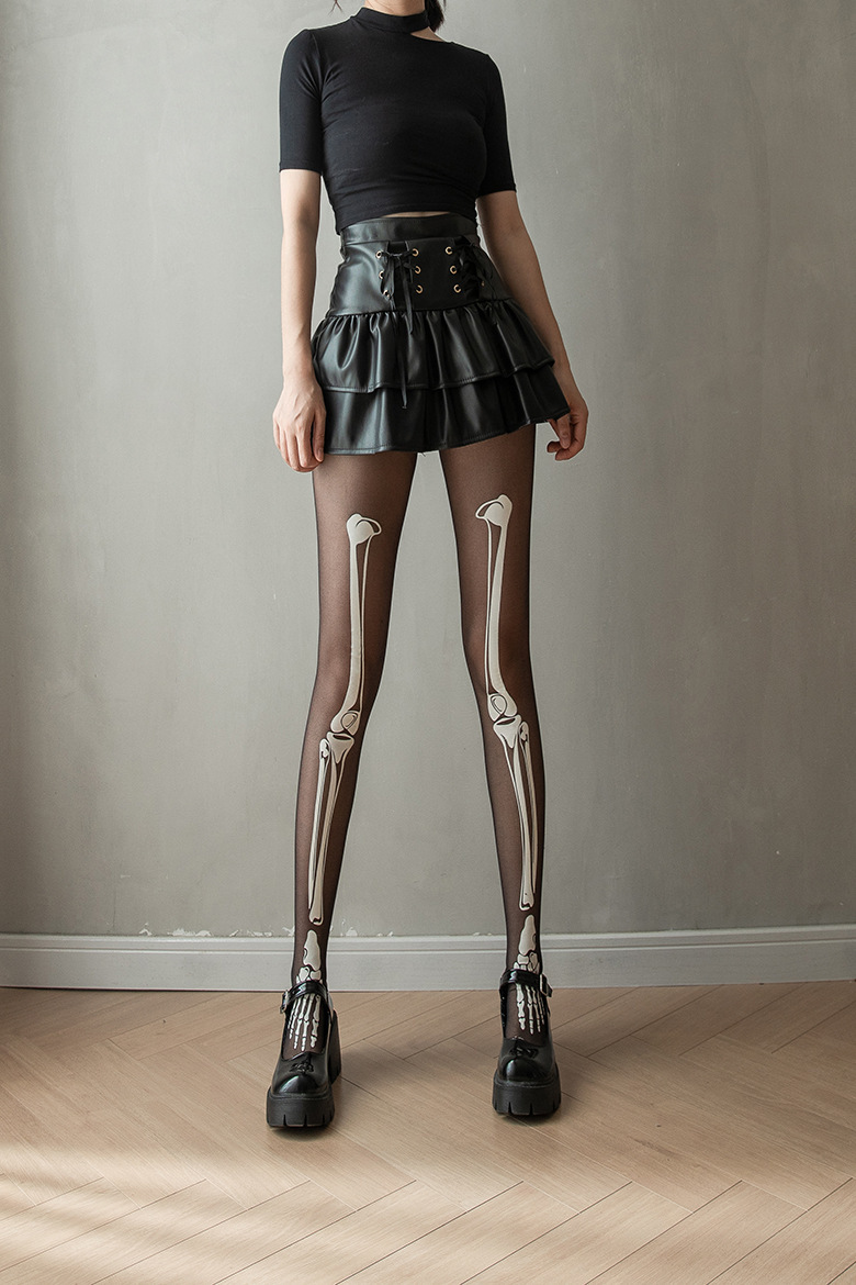 Luminous white bone stockings disco Halloween hot sale props pantyhose black luminous skull skeleton socks_voghion.com