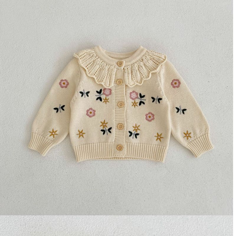 2023 spring all-match baby girls' flower embroidered lotus collar knitted long-sleeved cardigan coat children's clothing