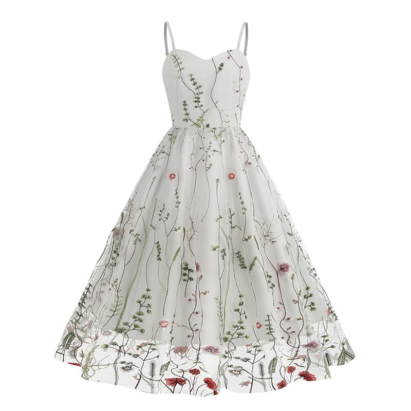 Amazon dress Europe and the United States cross-border strap embroidery mesh stitching explosions retro 50s Europe and the United States dress