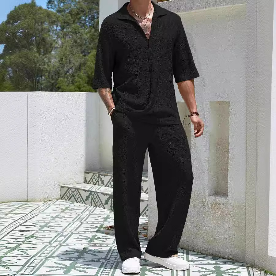 2024 European and American Amazon New Commuter Suit Casual Shirt Pure Color Short-sleeved Pants Men's Two-piece Casual Set