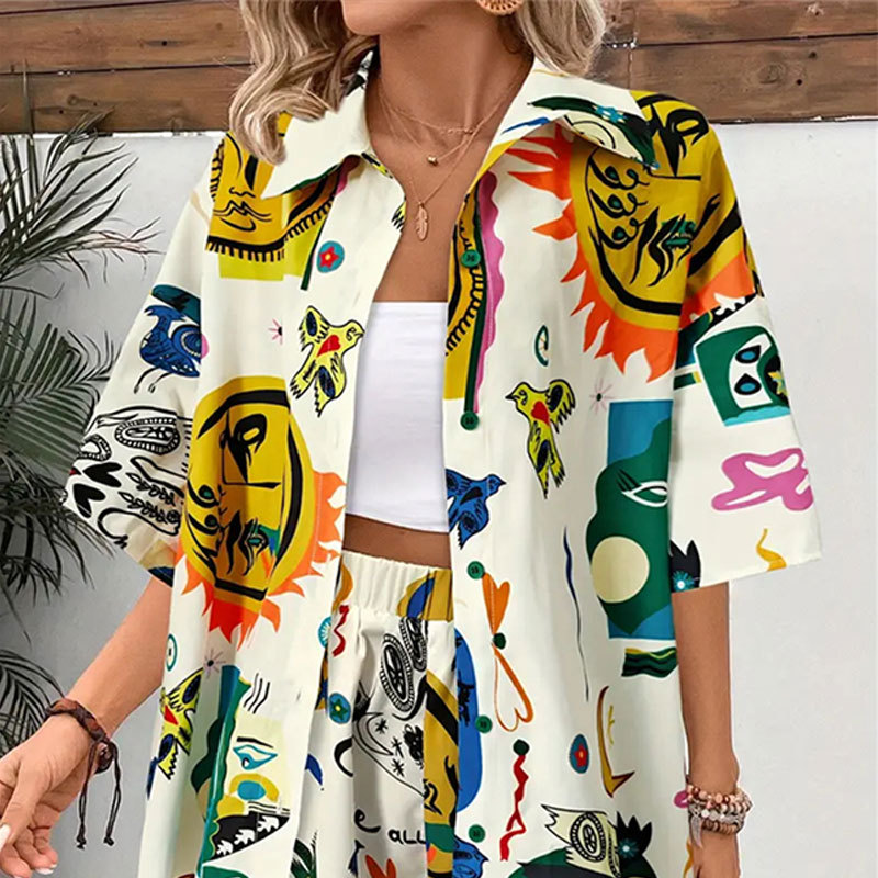 Cross-border Foreign Trade Graffiti Print Cardigan Shirt Shorts Two-piece Set Contrast Casual Pants Casual Suit Women's Spring and Autumn Wear