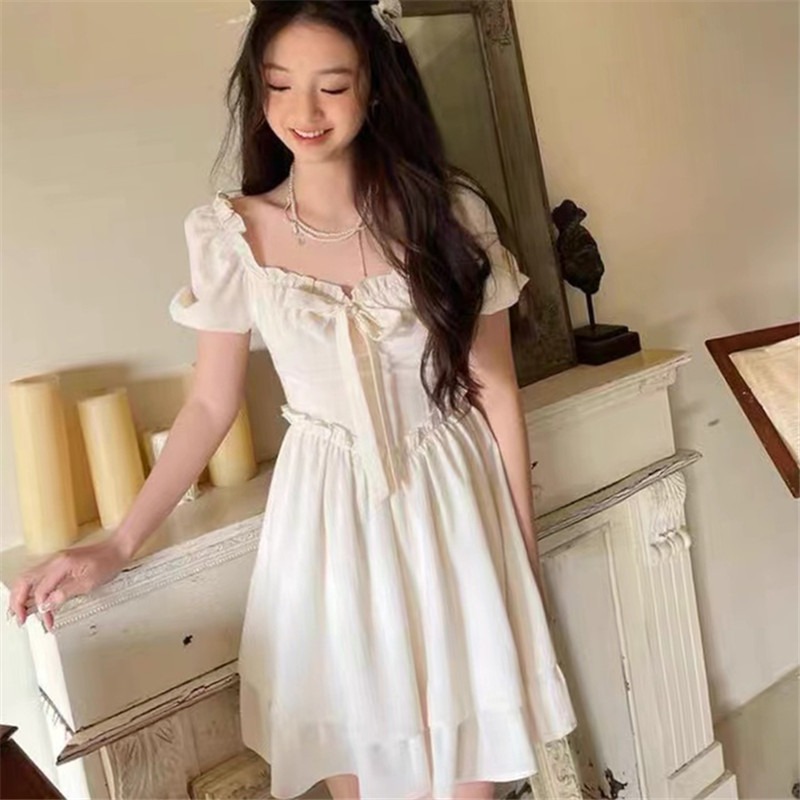 Dress Summer Pure Desire Dress 2022 New Square Collar Puff Sleeve Waist Slimming Super Fairy Sweet Solid Color Skirt for Women