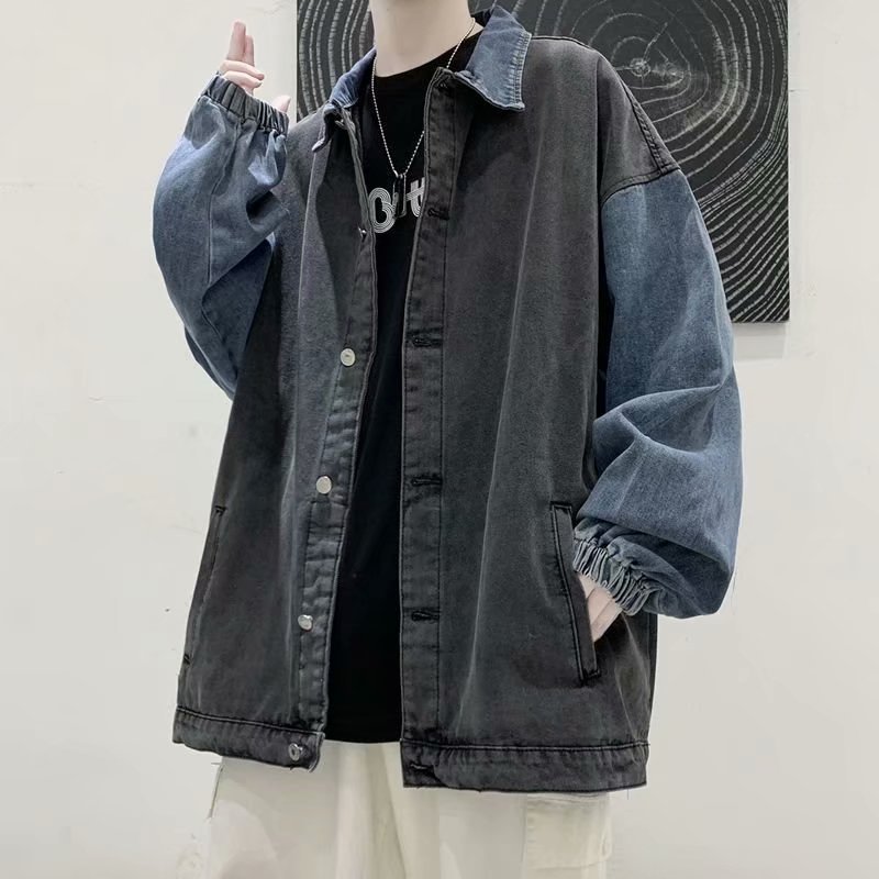 Hong Kong Style Loose Casual Denim Jacket Men's Spring and Autumn Design Sense Stitching Korean Style Fashionable Youth Washed Tooling Jacket