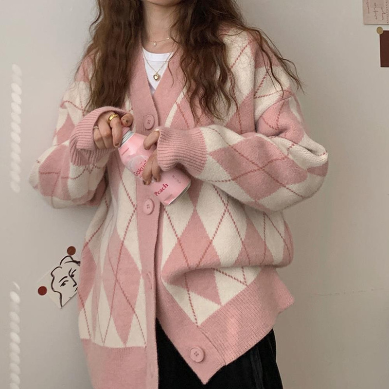 Spring and Autumn New Japanese and Korean-style Diamond-shaped Lazy Style Women's Knitted Cardigan Sweater Loose Contrast Coat Top