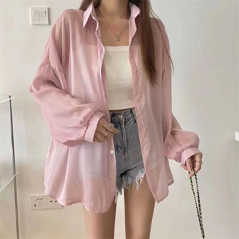 Pearlescent Shirt Women's 2023 Summer Design Sense Thin Micro-transparent Long-sleeve Chic Casual Loose Shirt