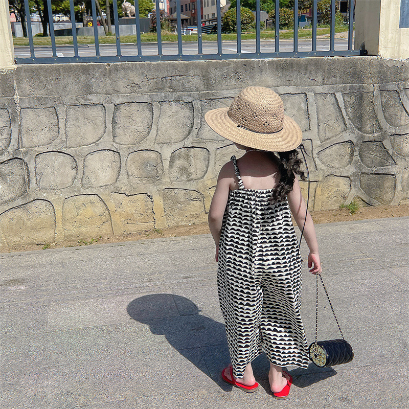 夏装连体衣女童韩版时髦波浪纹宽松阔腿背带裤抹胸吊带长裤