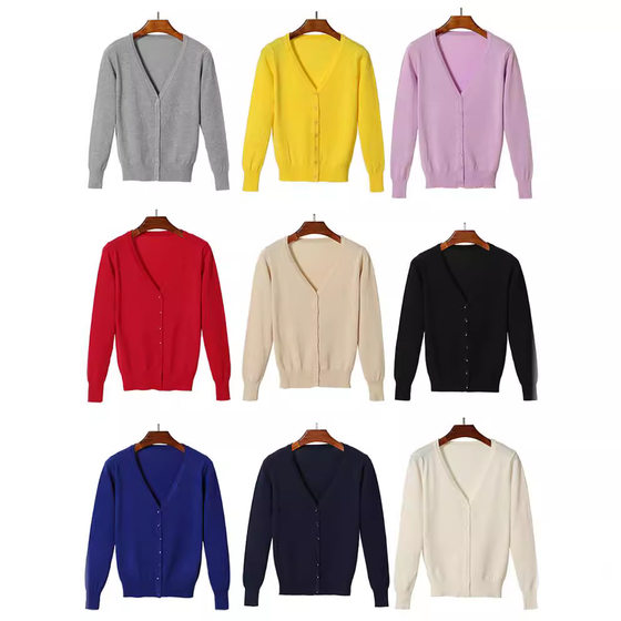 2023 Korean style large size women's v-neck spring and autumn knitted cardigan women's solid color long sleeve v-neck thin sweater in stock