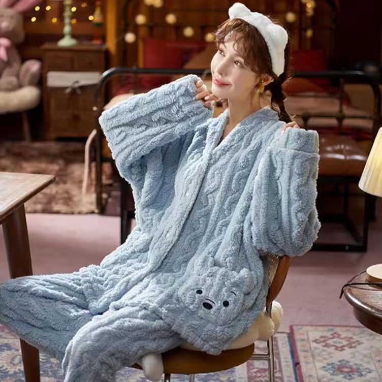 Pajamas Women's Autumn and Winter Coral Fleece-lined Thickened Winter Warm Cartoon Cardigan Outwear Flannel Home Clothes