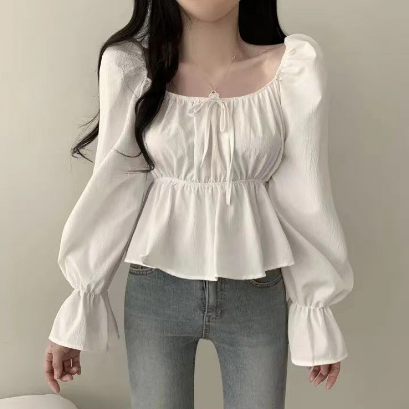 Fall 2023 Korean style sweet square collar lace-up waist ruffled flared sleeve slimming shirt