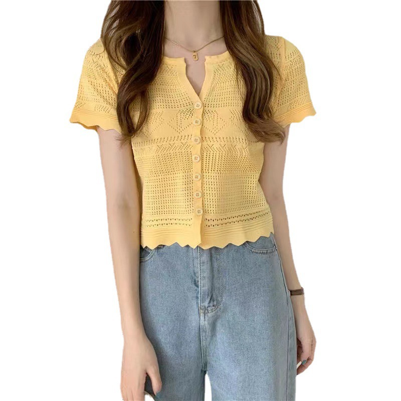 Summer New Arrival Hollow-Out Knitwear Short Short-Sleeved Sweet Cute V-Neck Small Cardigan Slim-Fit Slimming Top Women's Trendy