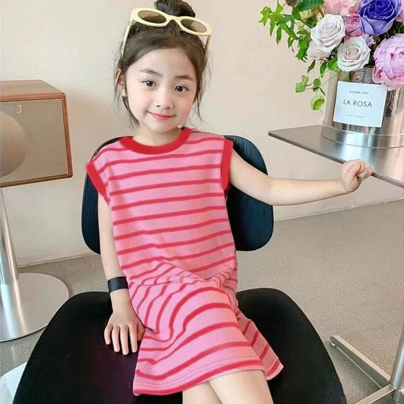 夏季女童連衣裙寶寶洋氣兒童個性潮牌韓版拼色條紋時髦公主背心裙
