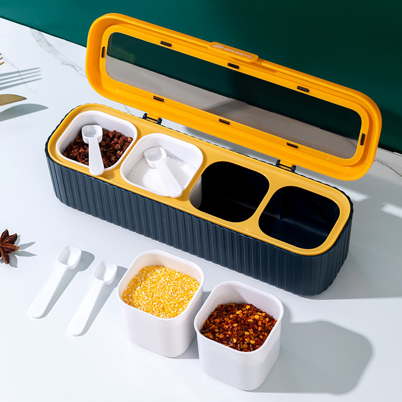 New Style Light Luxury Four-compartment Integrated Seasoning Box Household Flap Seasoning Box with Spoon Combination suit Seasoning Tank Storage Box