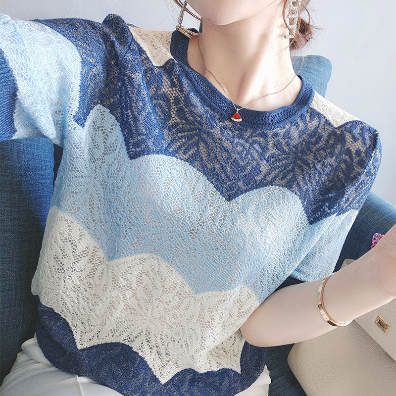 Fixed dye loose fog Blue, foreign style and white 2023 Summer new short sleeve hollow ice silk knitted sweater T-shirt Women
