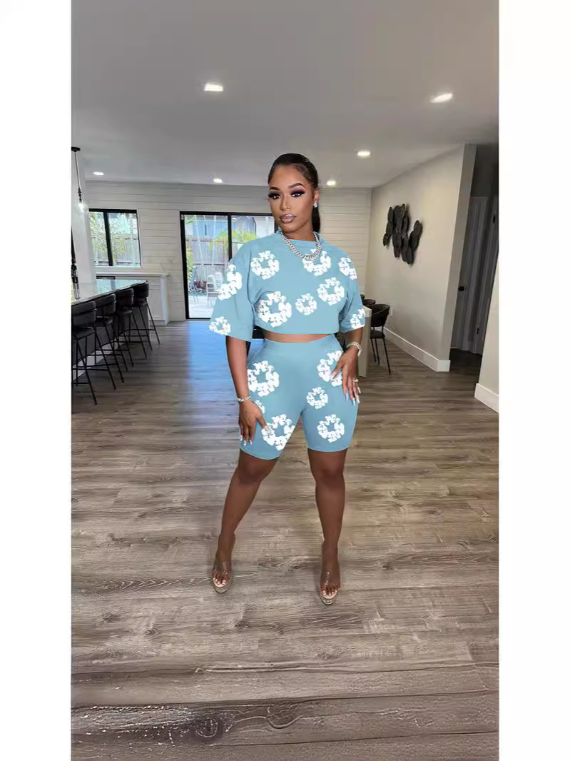 D88224 European and American women's independent station summer cross-border supply round neck short sleeve shorts popular digital printing suit
