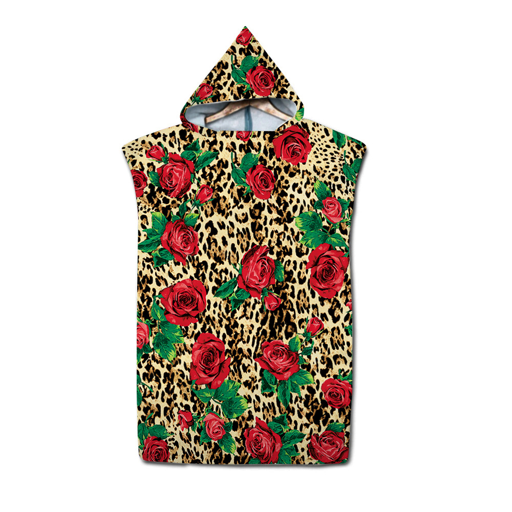 Factory wholesale leopard print adult hooded beach towel changing cloak color printed hooded bathrobe towel