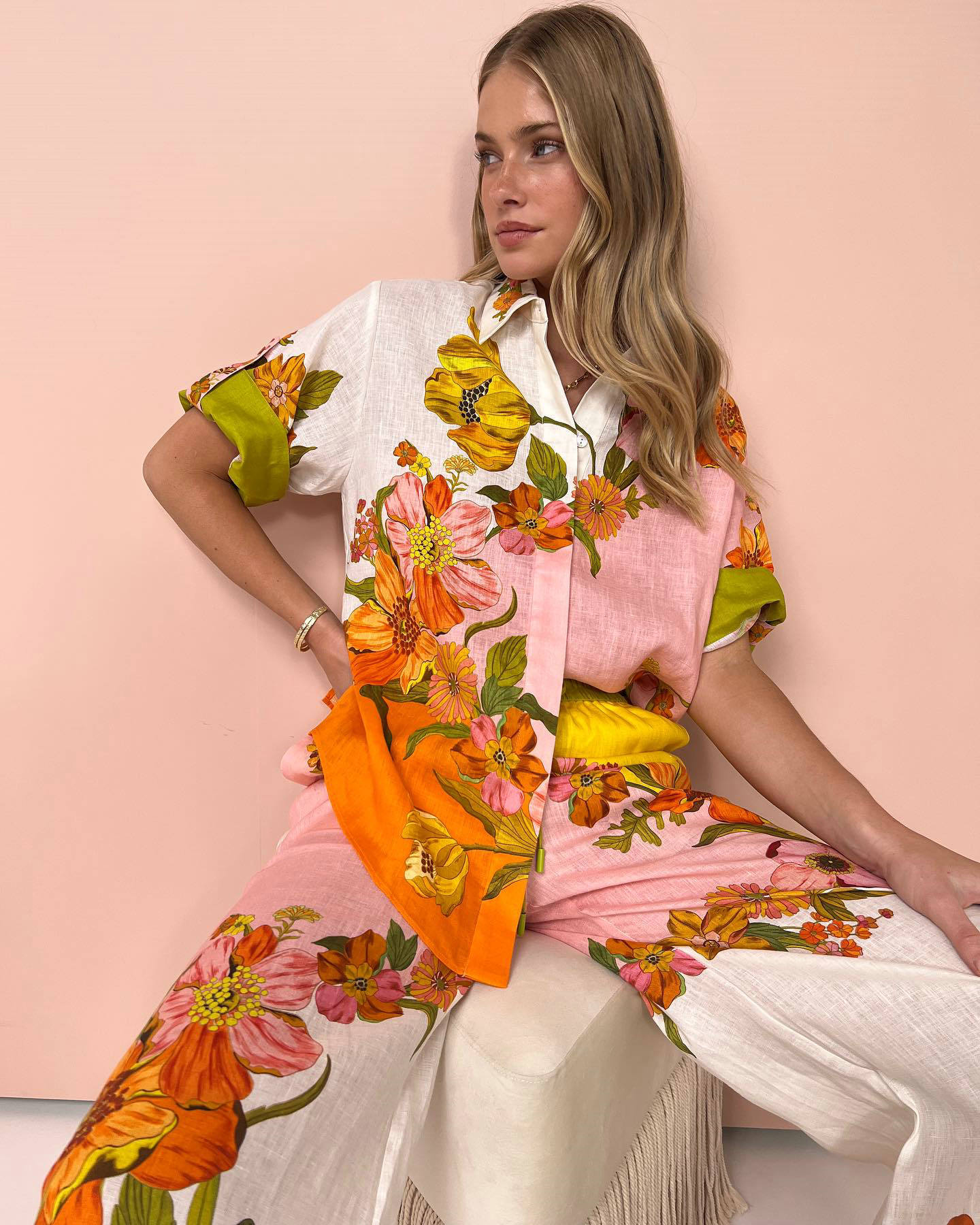 Cross-border independent station 2023 new European and American printed cotton and linen two-piece set suit top + wide leg pants_voghion.com