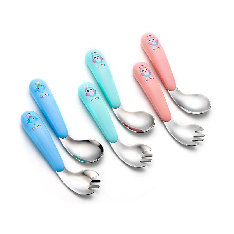Factory direct Nordic three-color curved spoon Fork creative pattern set Children Baby curved spoon baby spoon wholesale