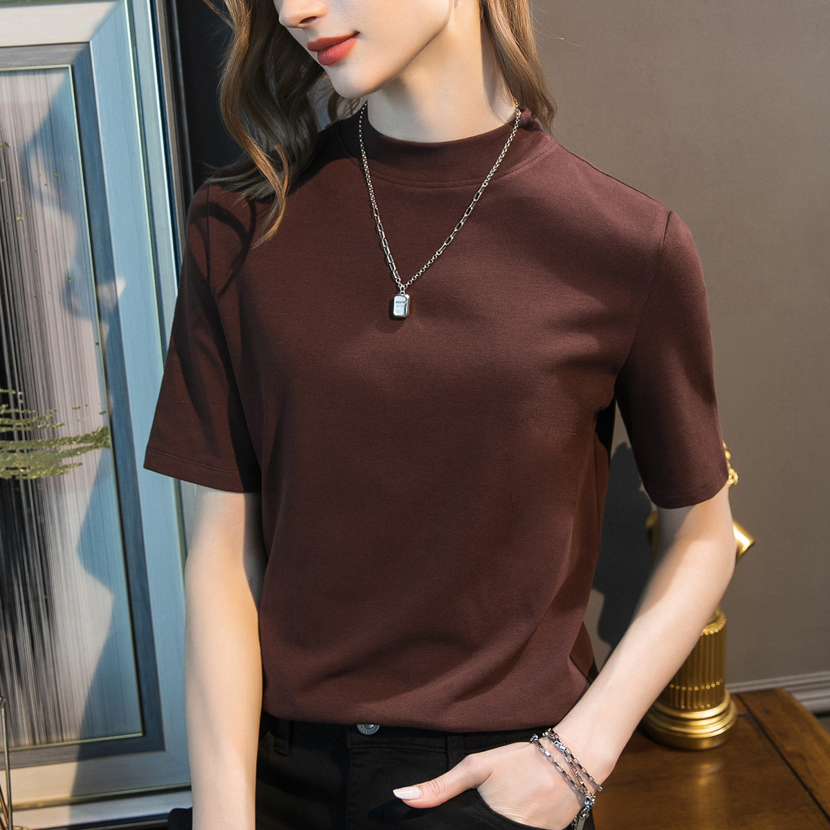 2023 autumn new women's sleeve collar design sense half sleeve T-shirt women slim T-shirt jacket a generation of hair