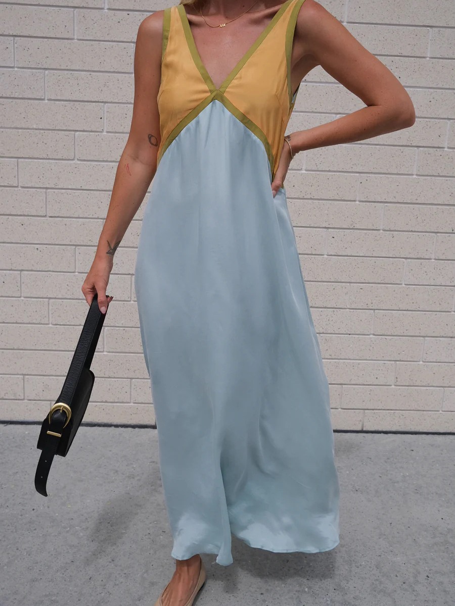 GY25023 fashion V-neck sleeveless color matching copper ammonia silk large swing dress spring and summer New