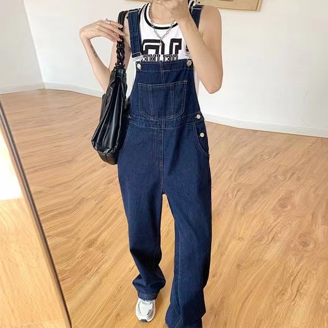 Denim Suspender Pants Trousers for Female Students Spring and Autumn New Korean Style Wide Leg Pants Loose Floor-length Pants High Waist One-piece Pants