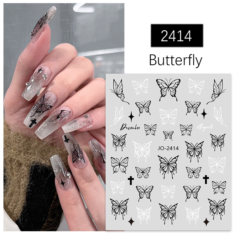 Nail stickers ultra-thin black and white hand painted butterfly ins style dark black strap glue flexible butterfly nail stickers decorations