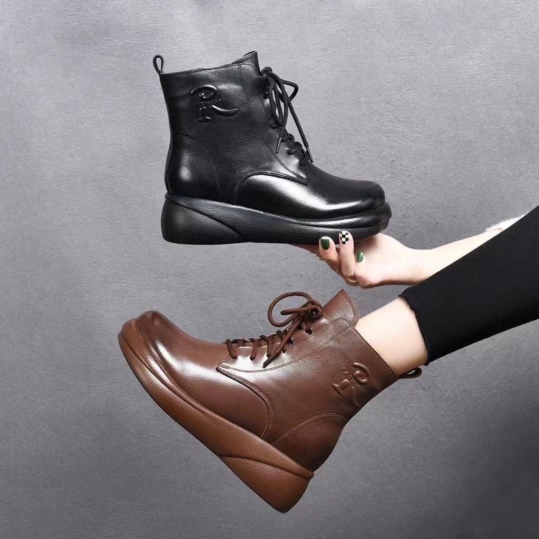 Soft leather Martin boots for women 2023 autumn and winter mom New Korean style fleece-lined snow boots slip-resistant thick bottom ankle boots for women