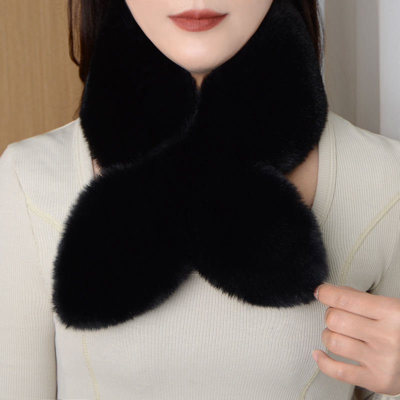 Women's winter thickened warm imitation Rex rabbit fur scarf versatile neck protection plush cross scarf for men and women