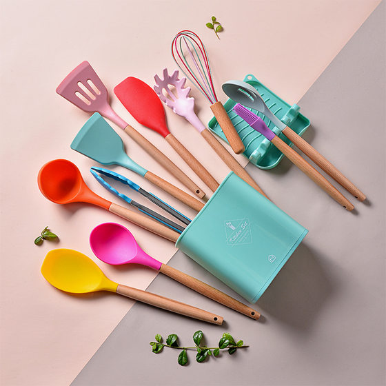 Cooking Non-Stick Wooden Handle Silicone Kitchenware 12 Piece Set Slipper Soup Spoon Slipper Kitchen Tools 11 Piece Set