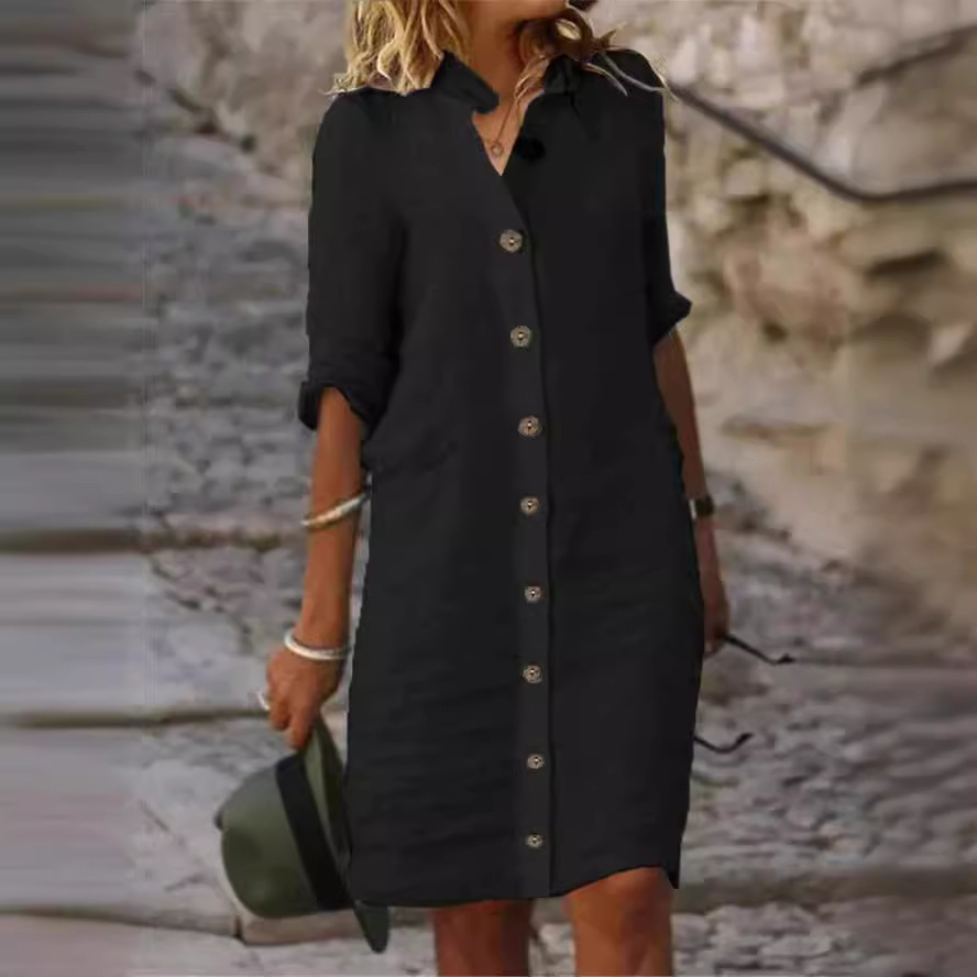 2023 new cross-border foreign trade European and American women's clothing spring and summer shirt collar mid-sleeve large round buckle cotton and linen dress