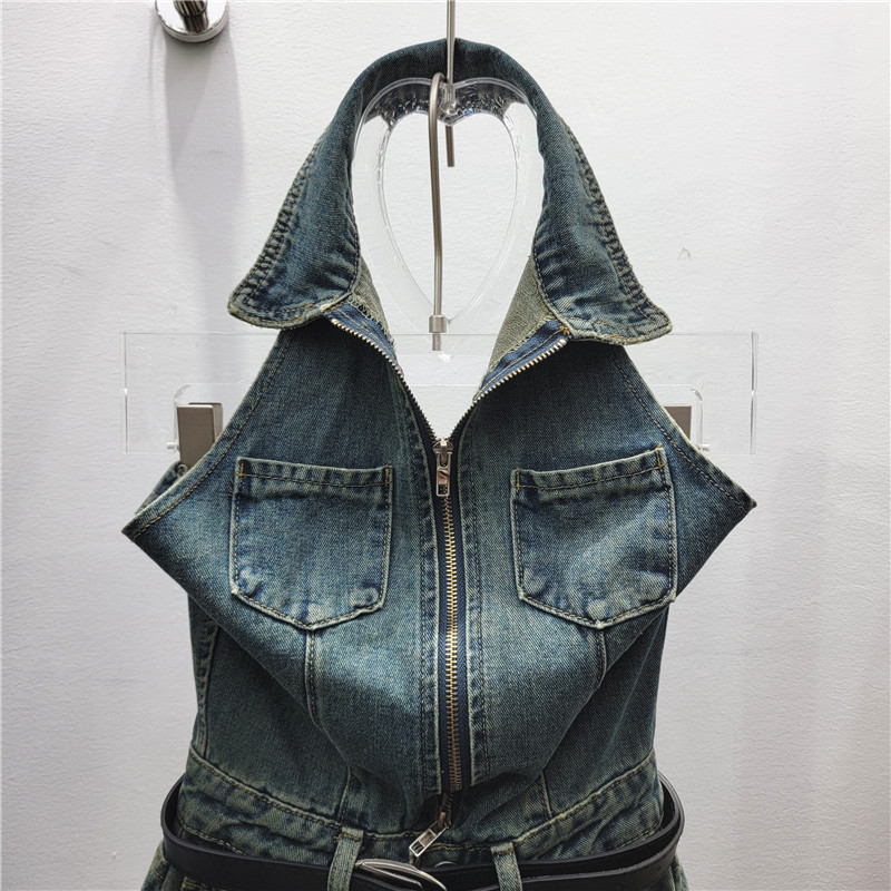 Summer new Korean style POLO collar sleeveless single-breasted vest + high waist curling wide leg shorts Denim suit women
