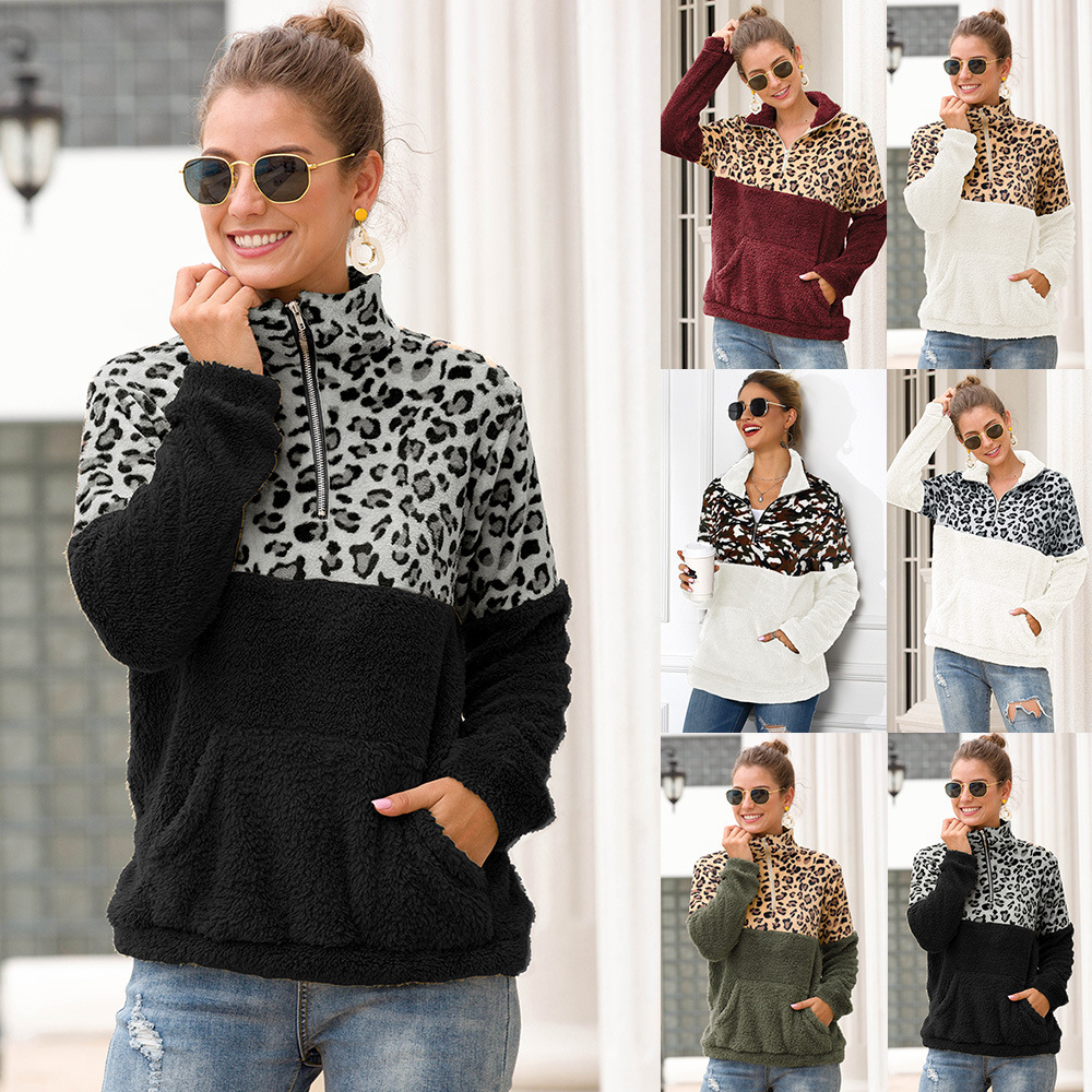 Amazon 2020 New zipper lapel double-sided velvet leopard stitching sweater for women