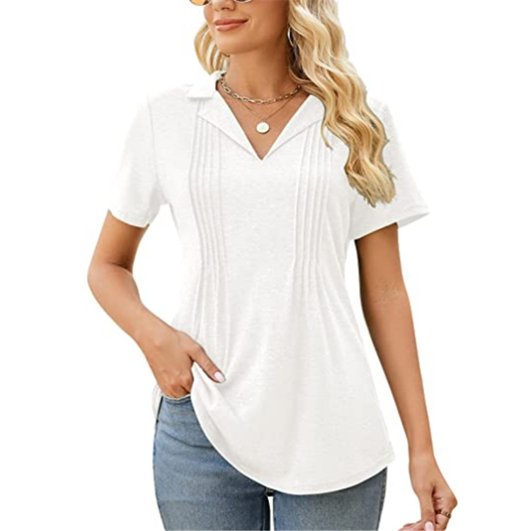 Spot 2023 Amazon Explosions European and American Women's V-neck Short Sleeve Pleated T-shirt Solid Color Women's Casual Top Women's Clothing