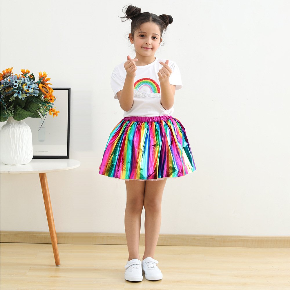2023 New Bronzing Rainbow Skirt Party Performance Girls' Skirt Lined with Mesh tutu Skirt European and American Children's Wear
