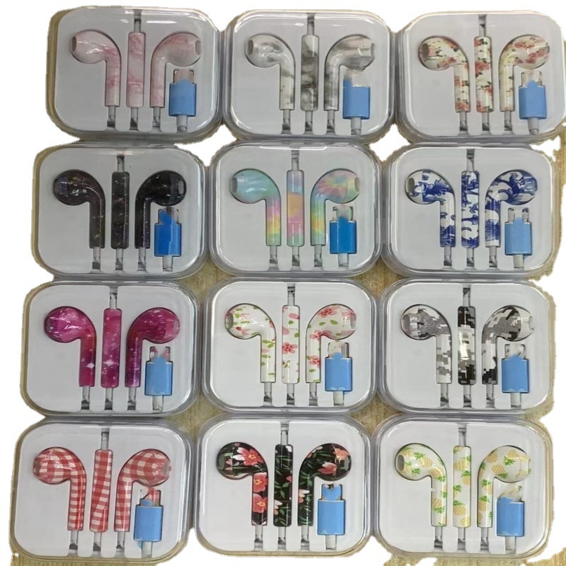 For Apple Wired Bluetooth Headset lightning Wire-controlled Painted Headset iphone In-line Pattern Earplugs