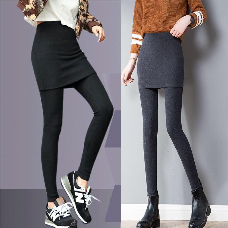 Korean Style Autumn and Winter Warm Fake Slim-fit Two-piece Leggings Women's Outer-wear Hip Skirt Trousers with Strap Skirt All-match Trousers