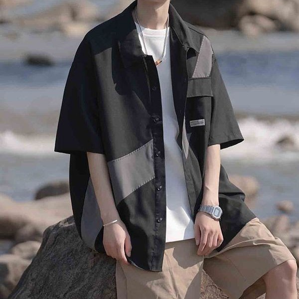 Workwear short sleeve shirt men's summer new Japanese retro color matching half sleeve shirt American fashion brand Pu handsome coat