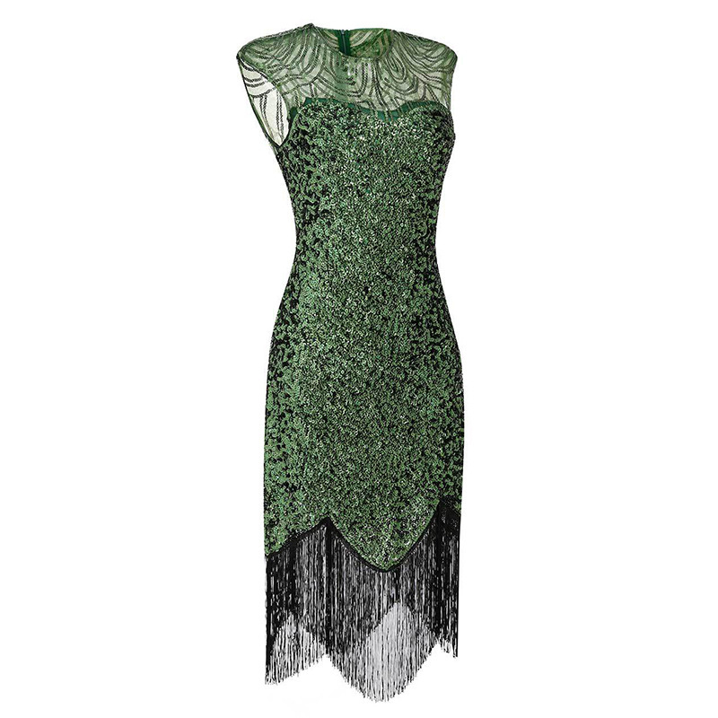 Amazon Explosive Banquet Evening Dress 1920 Vintage Sequin Tassel Dress Large Size Solid Color Stage Performance Dress
