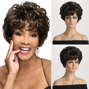European and American wig TEMU explosion ladies fashion fluffy slanting bangs black Brown pick color short curly hair headgear