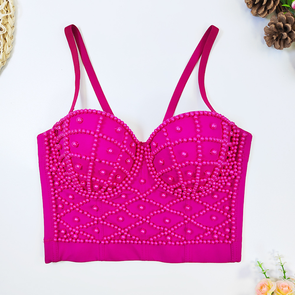 European and American AliExpress Pearl Camisole Women's Outer Wear Beautiful Back Navel-exposed Sexy Short Strapless Sweet Cool Fish Bone Top
