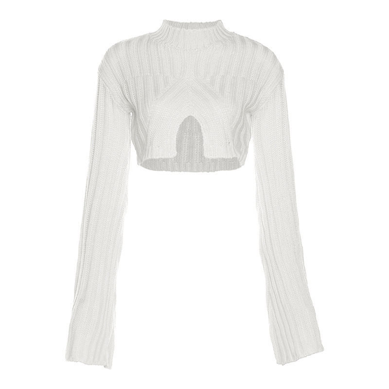 Pull d'automne et d'hiver 2022 couleur unie pour femme, décontracté, simple, à manches longues, col rond, classique, serré, irrégulier, nombril, taille moyenne, vêtements pour femmes_voghion.com