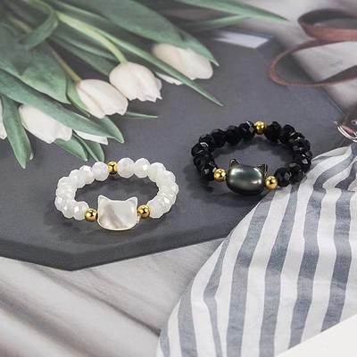 Explosions TikTok Cute Cat Beaded Ring Black and White Crystal Shell Cat Head Finger Ring Niche Send Girlfriend Ring