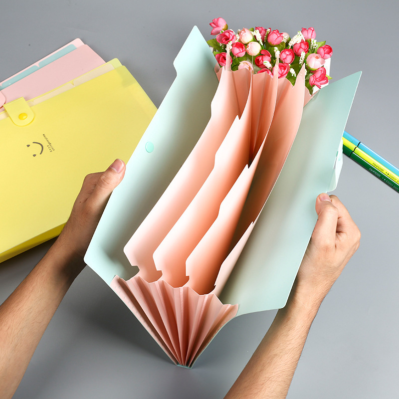 Candy color a4 folder multi-layer five-compartment smile organ bag button test paper storage file bag pp file bag