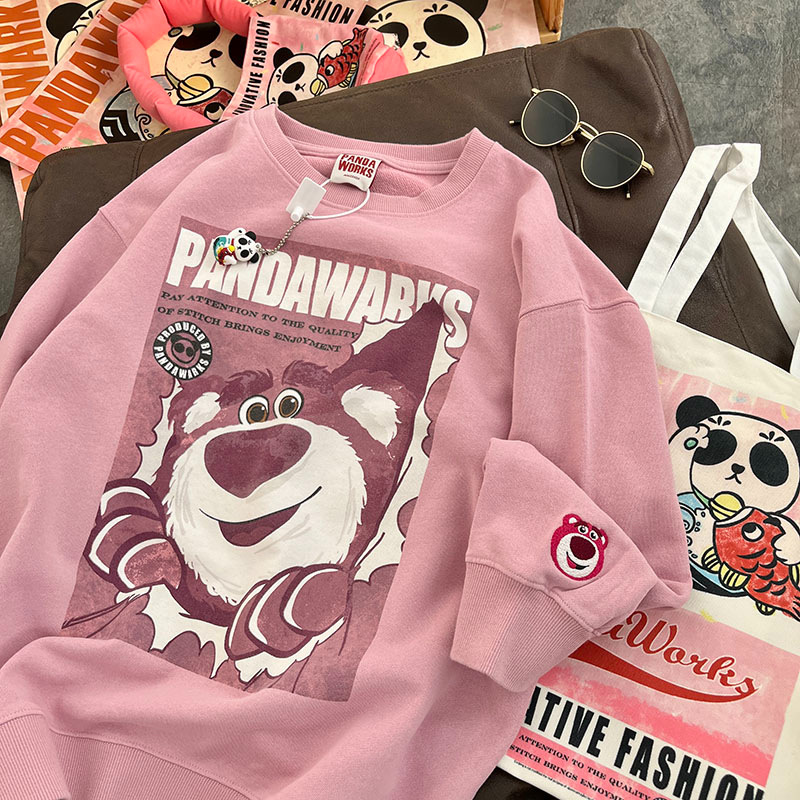 Cross-border autumn and winter New cute cartoon strawberry bear printed long-sleeved top Japanese loose lazy round neck sweater for women