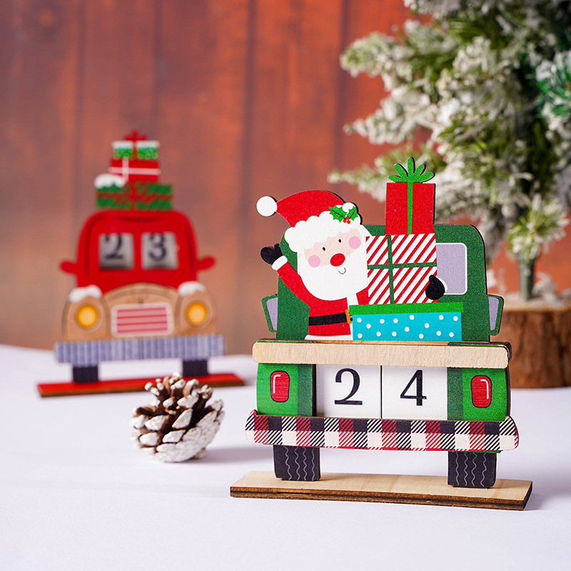 New Christmas Decorative Wooden Car Santa Calendar Painted Santa Claus DIY Gift Ornaments