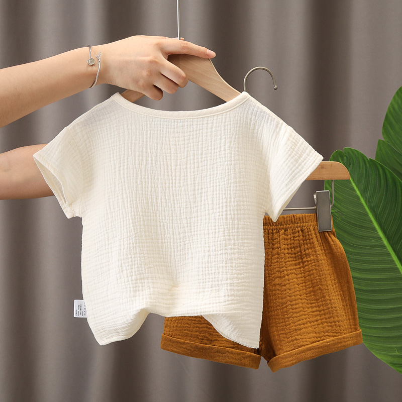 ins Summer Simple Japanese and Korean Style Baby Cotton Yarn Lightweight Breathable Set Boys' Baby 2-Piece Set Children's Wear Loose