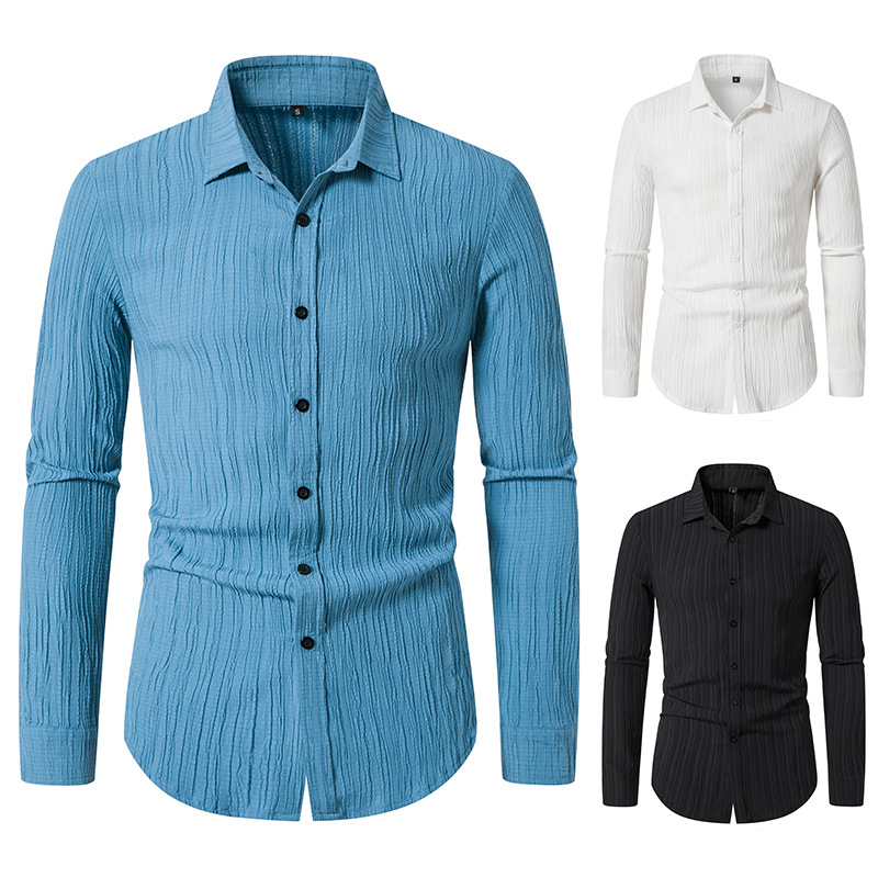 Amazon men's wavy cotton linen fashion lapel shirt A289