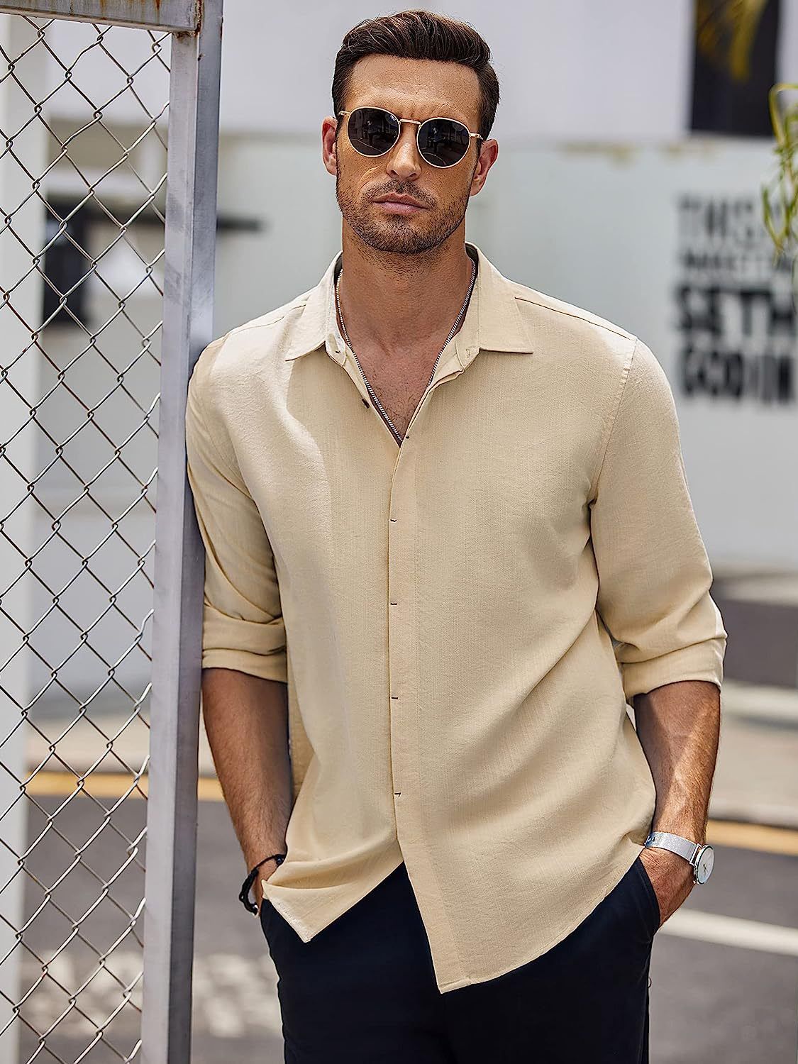 2023 Amazon Men's Shirt Solid Color Collage Jujube Cardigan Long Sleeve Fashionable Lapel Shirt for Men