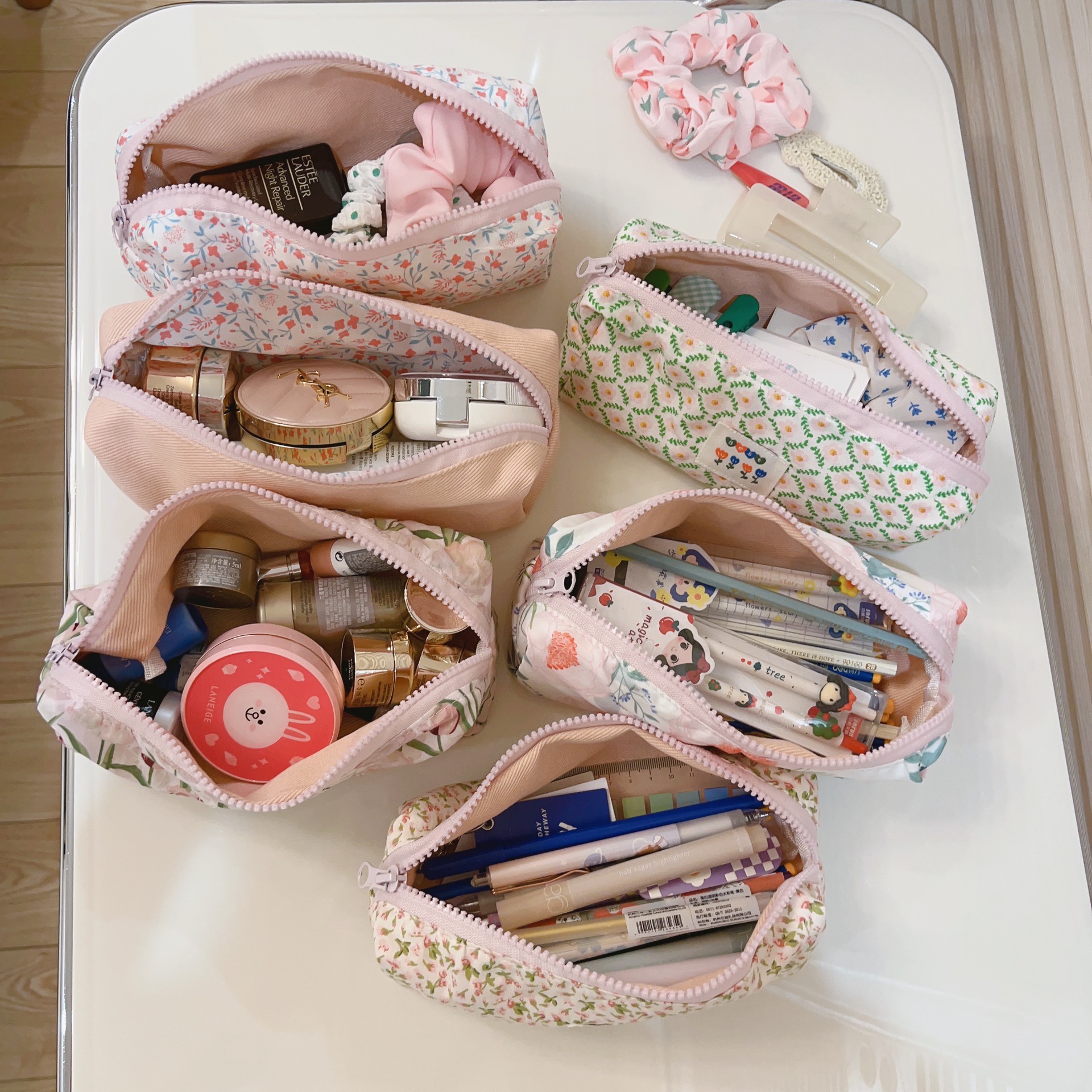 [Suxi cloth bag] Fresh pink floral pencil case stationery storage cotton bag long cosmetic bag